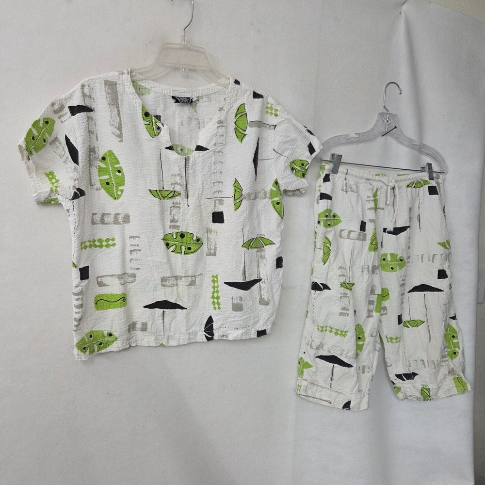 Vintage Produce Company Pant Set Women L White Green Tropical Leaf Seersucker